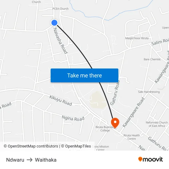 Ndwaru to Waithaka map