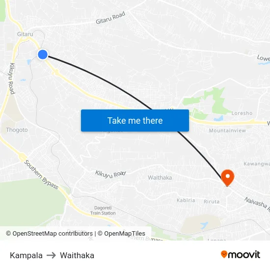 Kampala to Waithaka map
