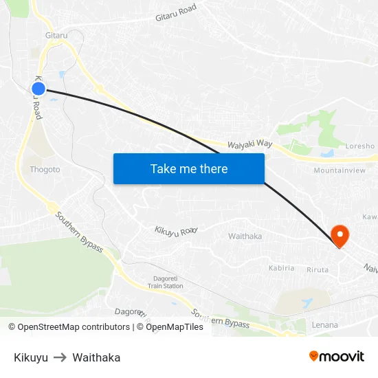 Kikuyu to Waithaka map