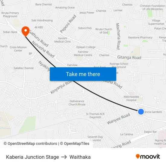 Kaberia Junction Stage to Waithaka map