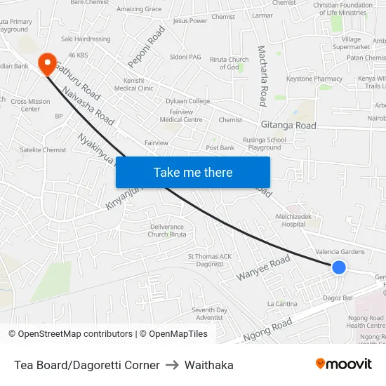 Tea Board/Dagoretti Corner to Waithaka map