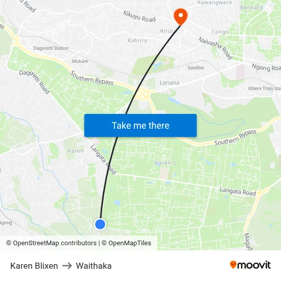 Karen Blixen to Waithaka map