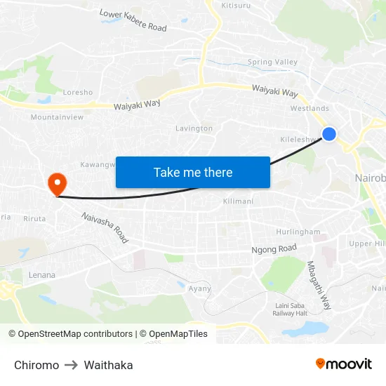 Chiromo to Waithaka map