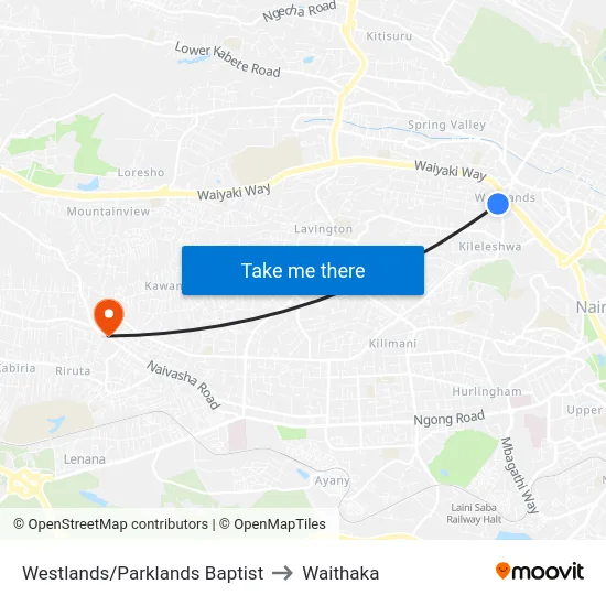 Westlands/Parklands Baptist to Waithaka map