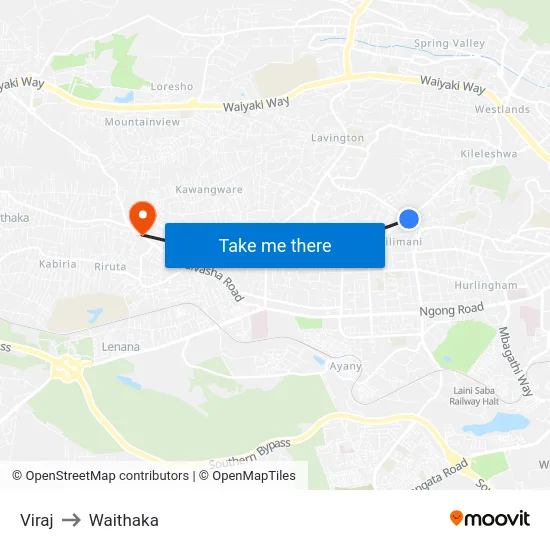 Viraj to Waithaka map