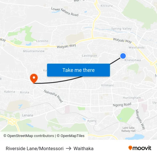 Riverside Lane/Montessori to Waithaka map