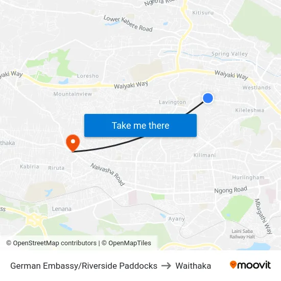German Embassy/Riverside Paddocks to Waithaka map