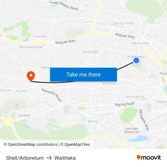 Shell/Arboretum to Waithaka map