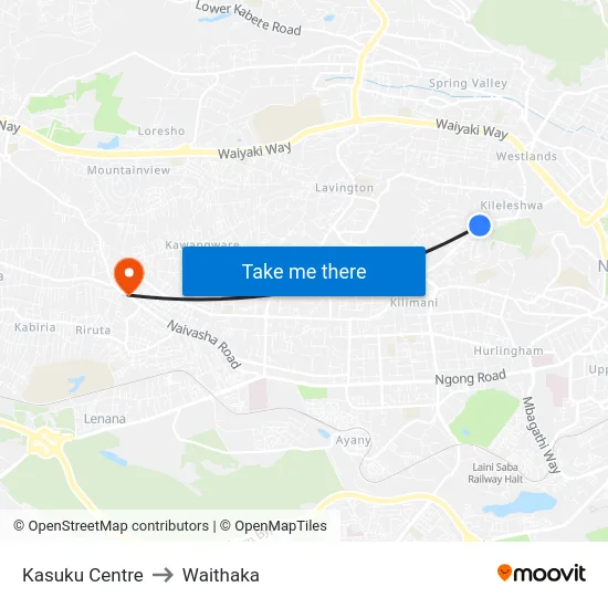 Kasuku Centre to Waithaka map