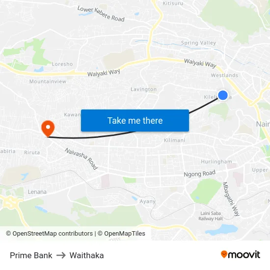 Prime Bank to Waithaka map