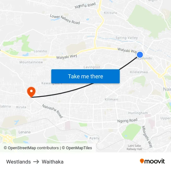 Westlands to Waithaka map