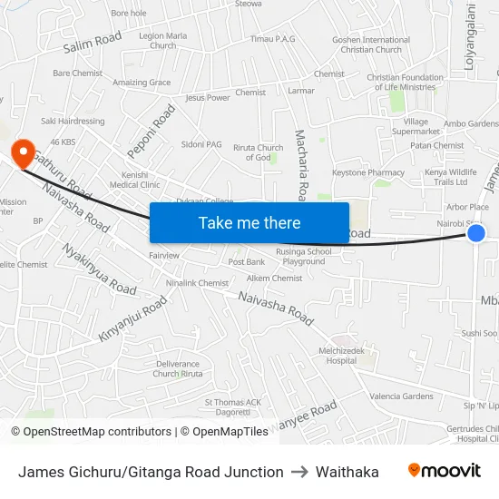 James Gichuru/Gitanga Road Junction to Waithaka map