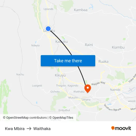 Kwa Mbira to Waithaka map