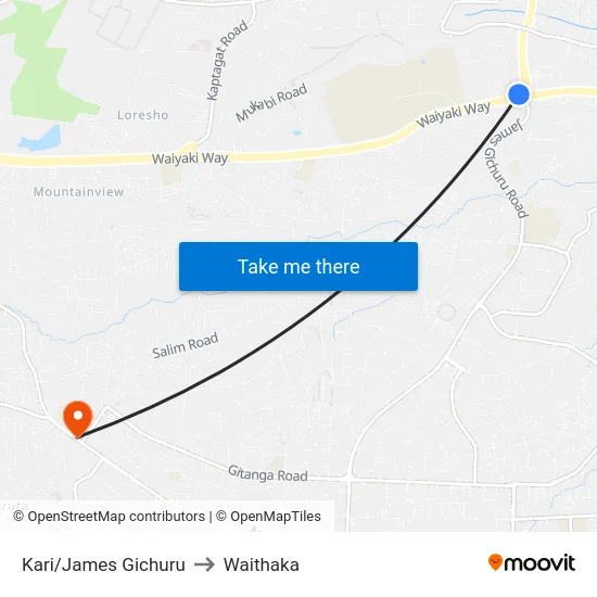 Kari/James Gichuru to Waithaka map