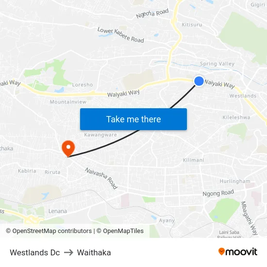 Westlands Dc to Waithaka map