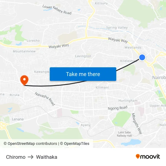 Chiromo to Waithaka map