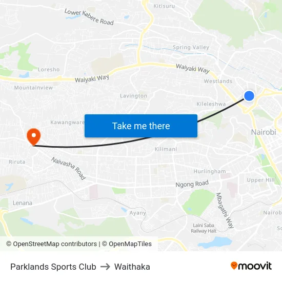 Parklands Sports Club to Waithaka map