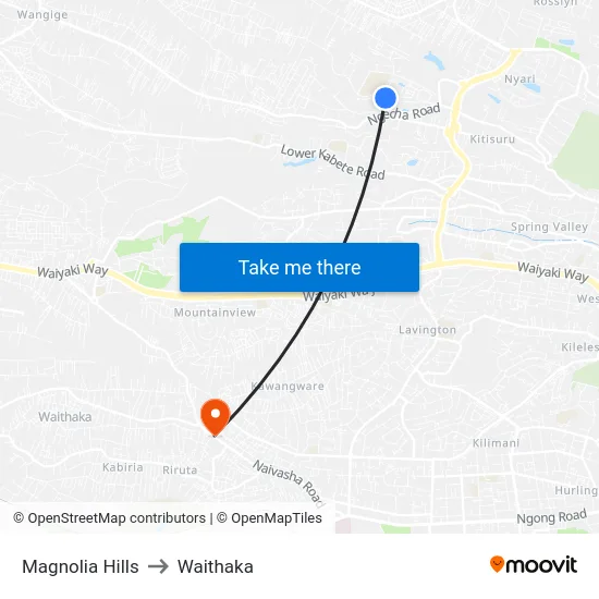 Magnolia Hills to Waithaka map