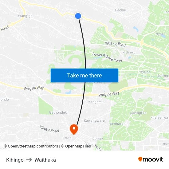 Kihingo to Waithaka map