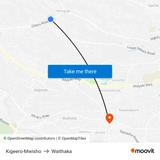 Kigeero-Mwisho to Waithaka map