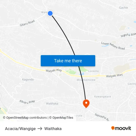 Acacia/Wangige to Waithaka map
