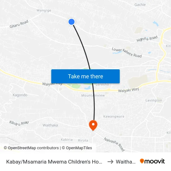 Kabay/Msamaria Mwema Children's Home to Waithaka map