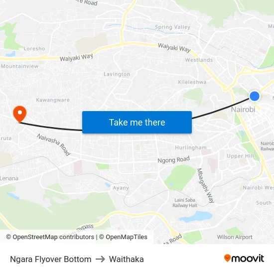 Ngara Flyover Bottom to Waithaka map