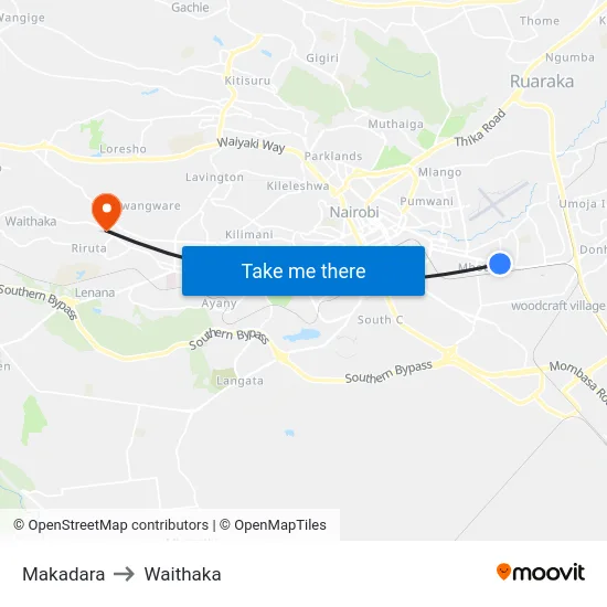 Makadara to Waithaka map