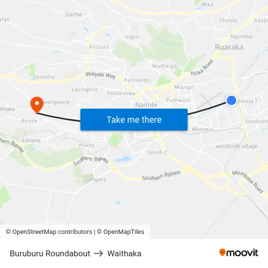 Buruburu Roundabout to Waithaka map
