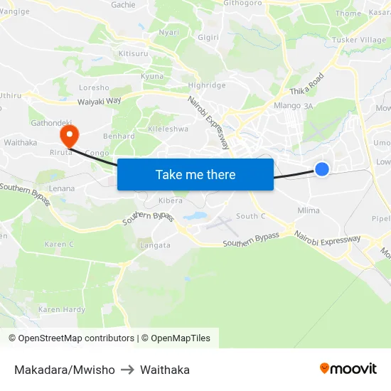 Makadara/Mwisho to Waithaka map