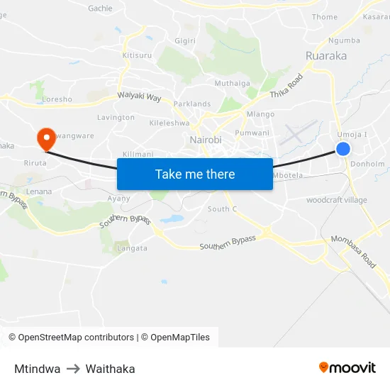 Mtindwa to Waithaka map