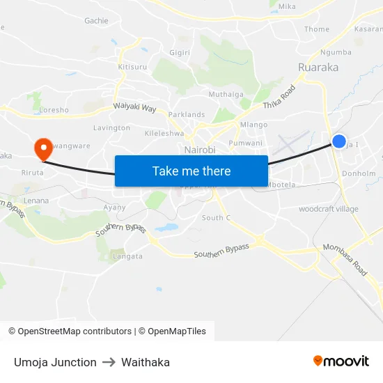 Umoja Junction to Waithaka map