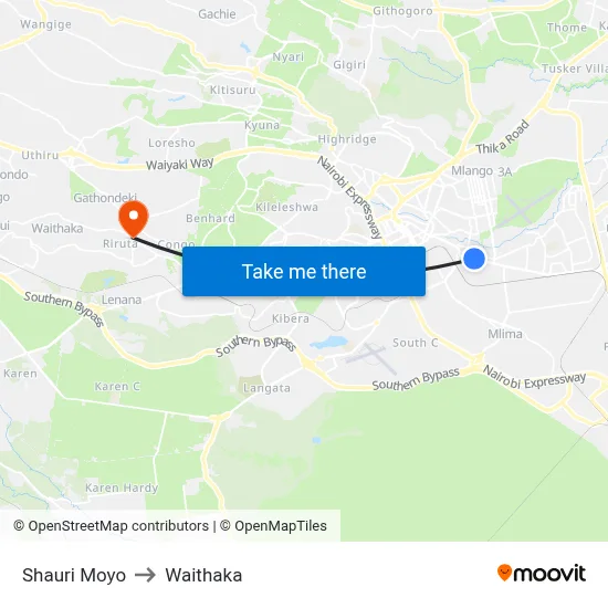 Shauri Moyo to Waithaka map