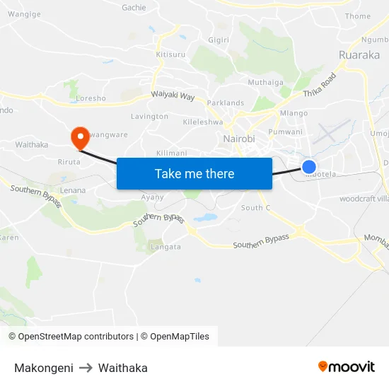 Makongeni to Waithaka map