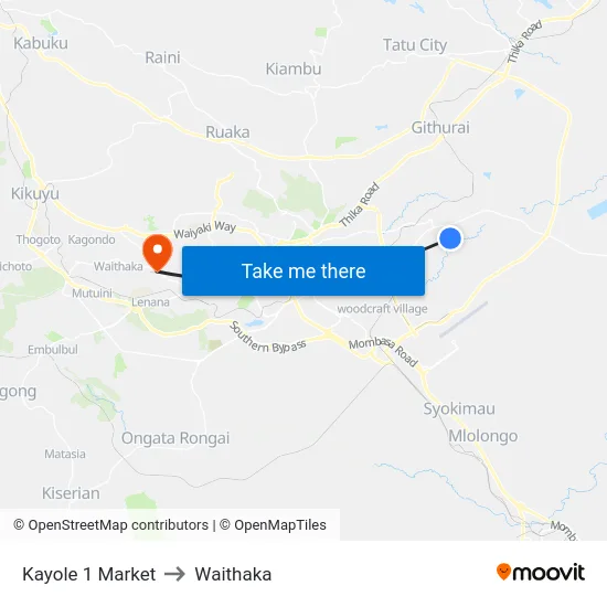 Kayole 1 Market to Waithaka map