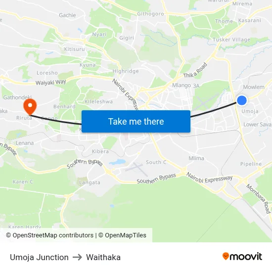 Umoja Junction to Waithaka map
