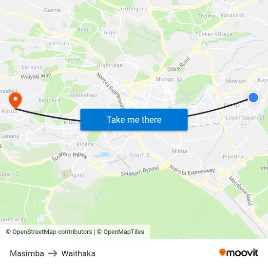 Masimba to Waithaka map