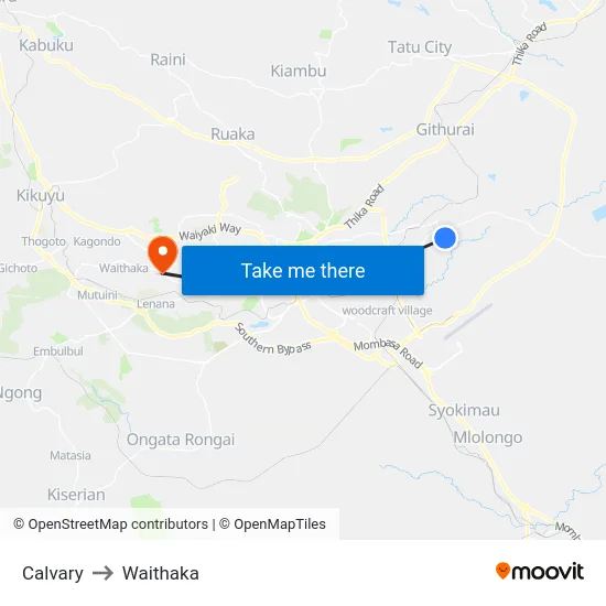 Calvary to Waithaka map