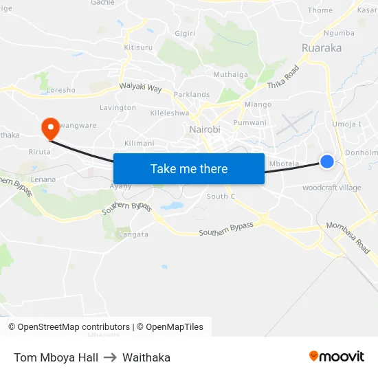 Tom Mboya Hall to Waithaka map