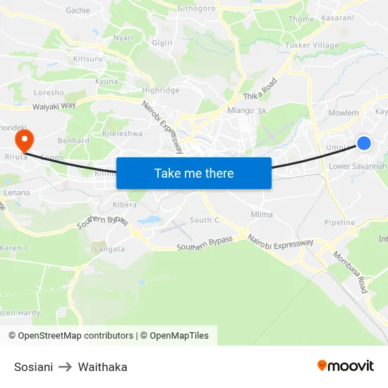 Sosiani to Waithaka map