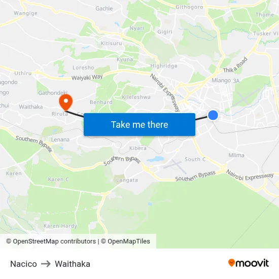 Nacico to Waithaka map