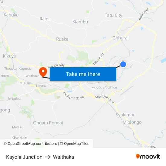 Kayole Junction to Waithaka map