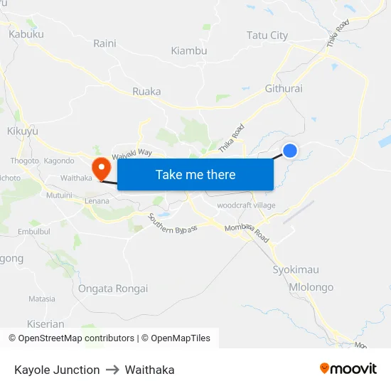 Kayole Junction to Waithaka map