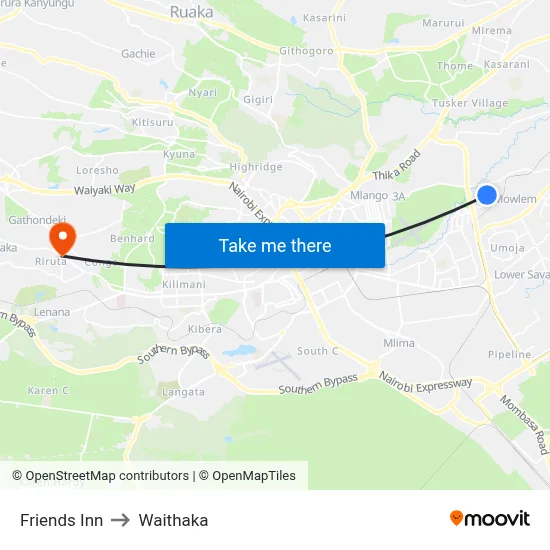 Friends Inn to Waithaka map