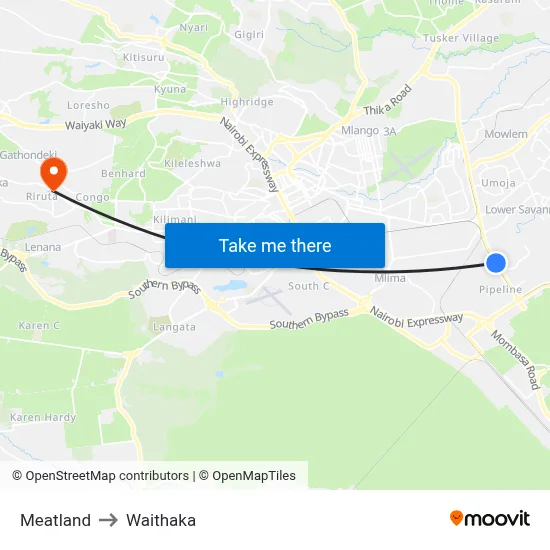 Meatland to Waithaka map