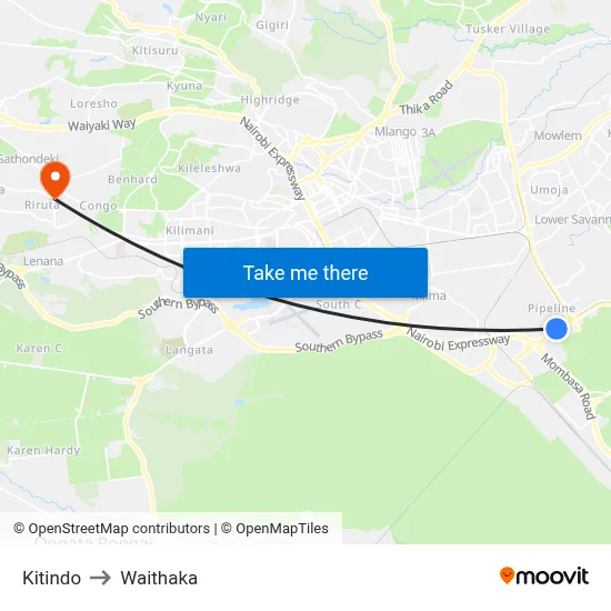 Kitindo to Waithaka map