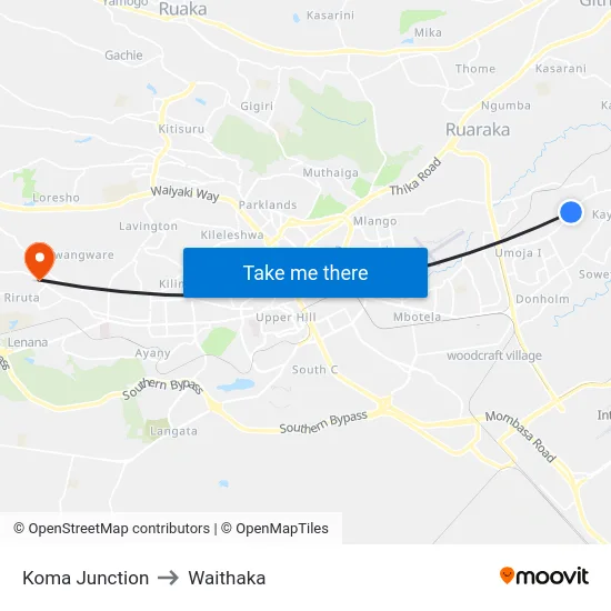 Koma Junction to Waithaka map