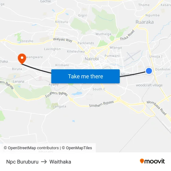 Npc Buruburu to Waithaka map
