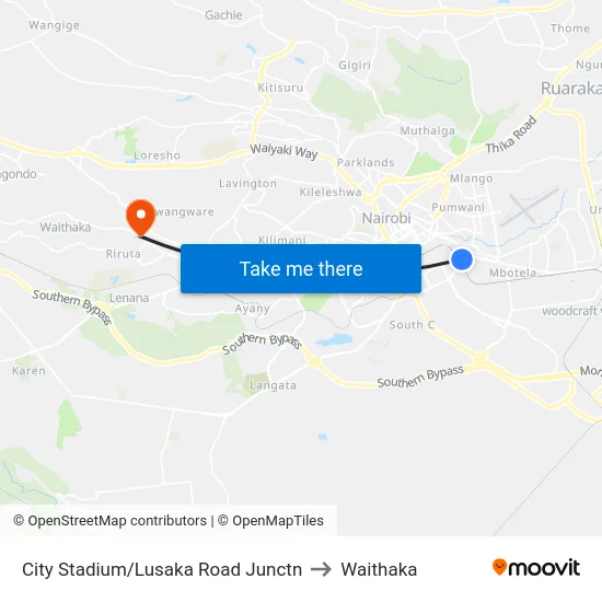 City Stadium/Lusaka Road Junctn to Waithaka map