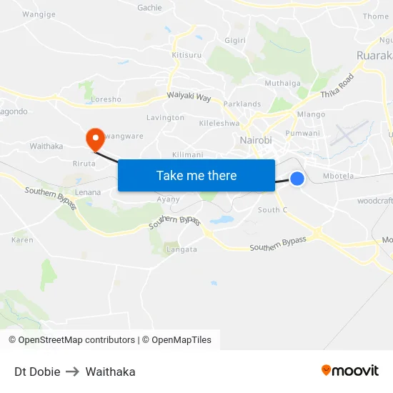 Dt Dobie to Waithaka map